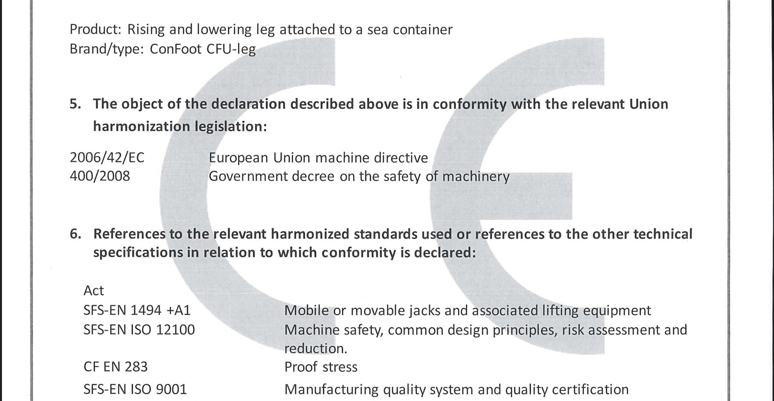 Are ConFoot Container Legs Certified?